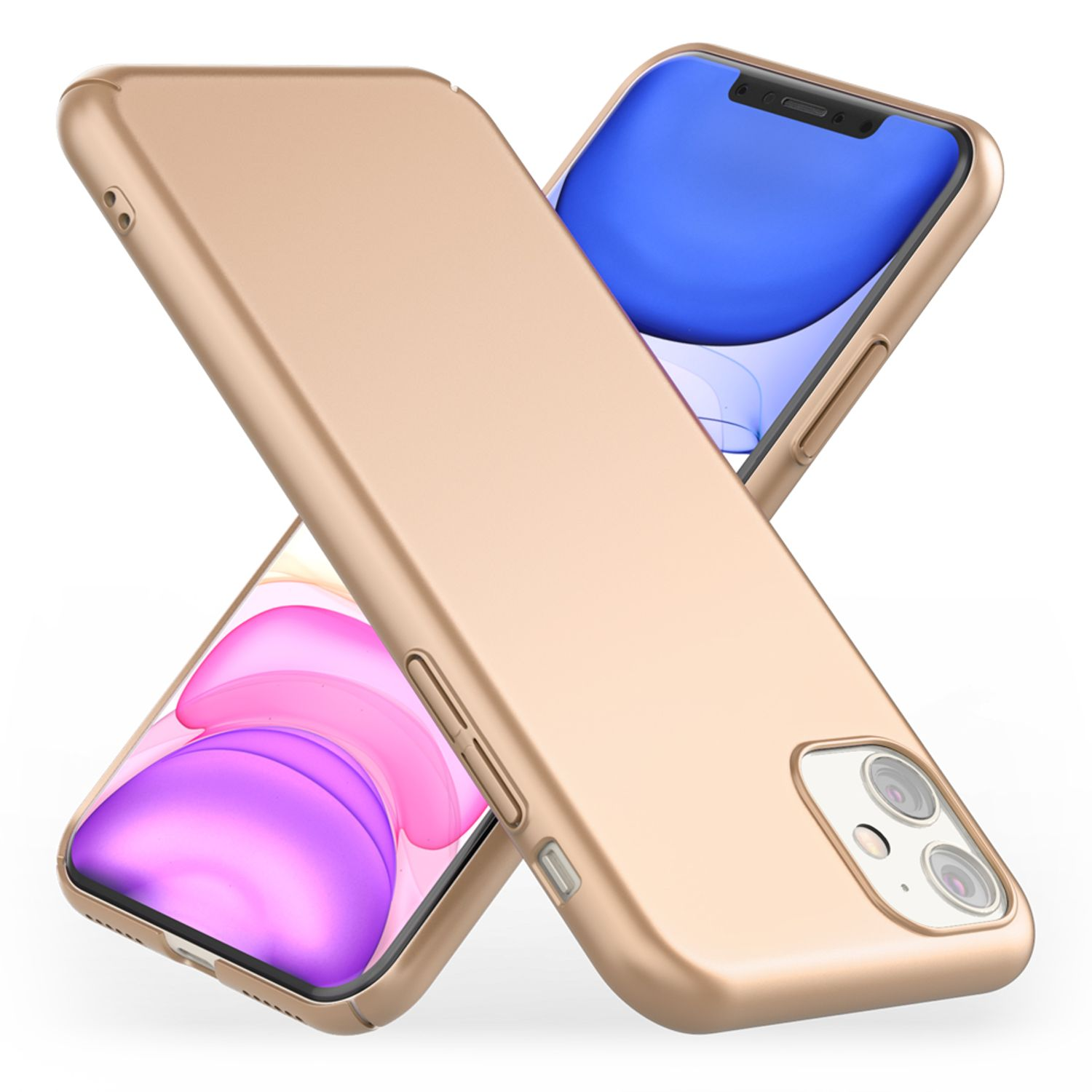 Zwei goldene iPhone-Hüllen, eine überlappt die andere auf weißem Hintergrund.