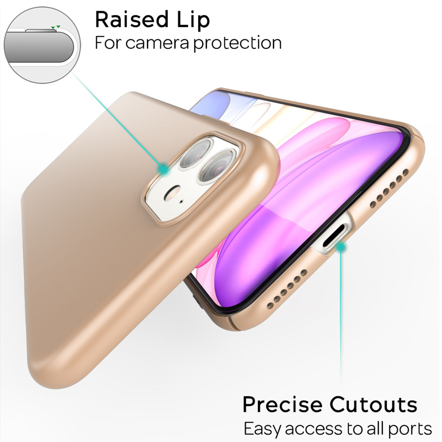 Eine goldfarbene Handyhülle mit Telefon. Die Hülle hat eine erhöhte Lippe zum Schutz der Kamera.