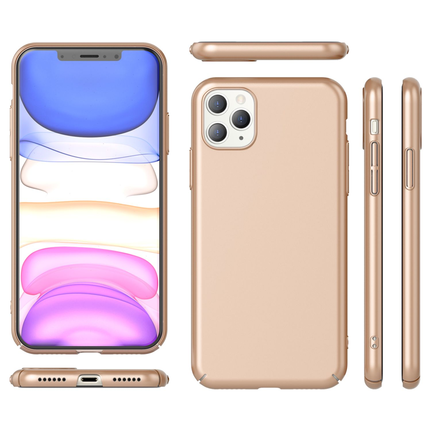 Goldene Handyhülle und Telefon in Front-, Seiten- und Draufsicht. Der Bildschirm zeigt ein blaues und lila Hintergrundbild.