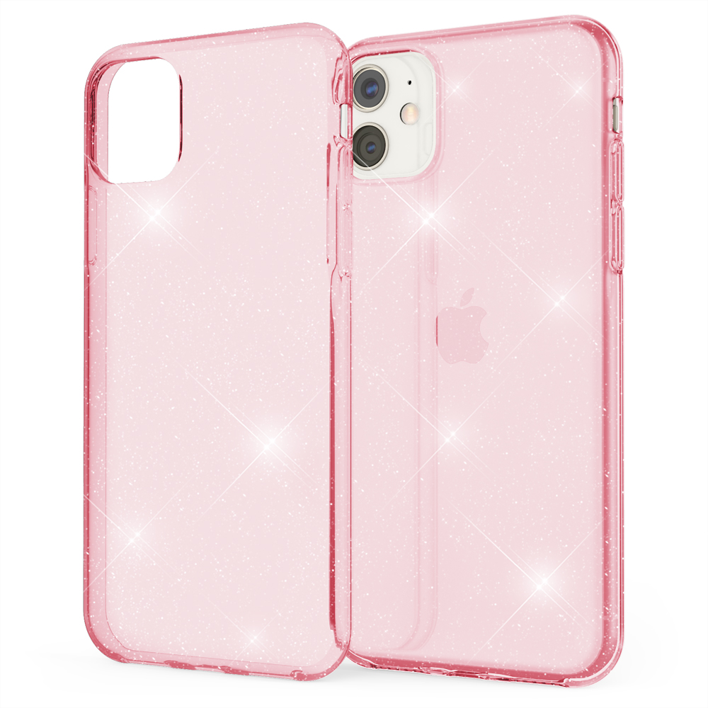 Dos fundas rosas con purpurina. Teléfonos dentro. Superficie reflectante. Fondo blanco.