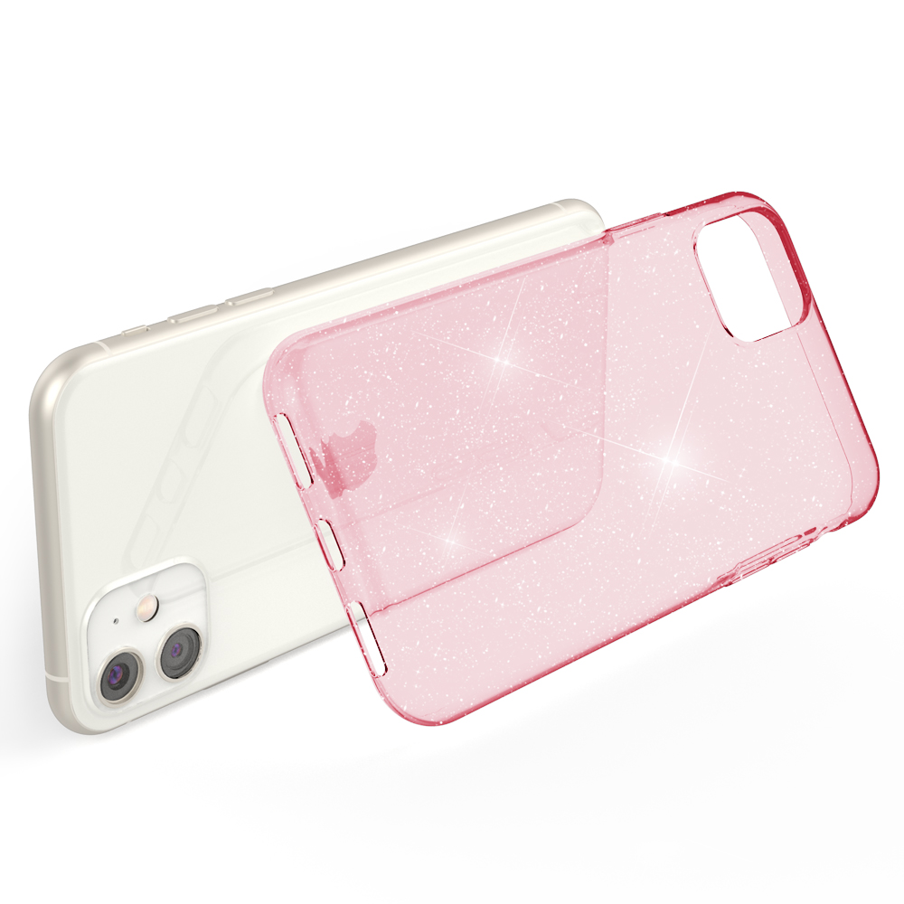 Una funda rosa con purpurina junto a un teléfono blanco. La funda es transparente.