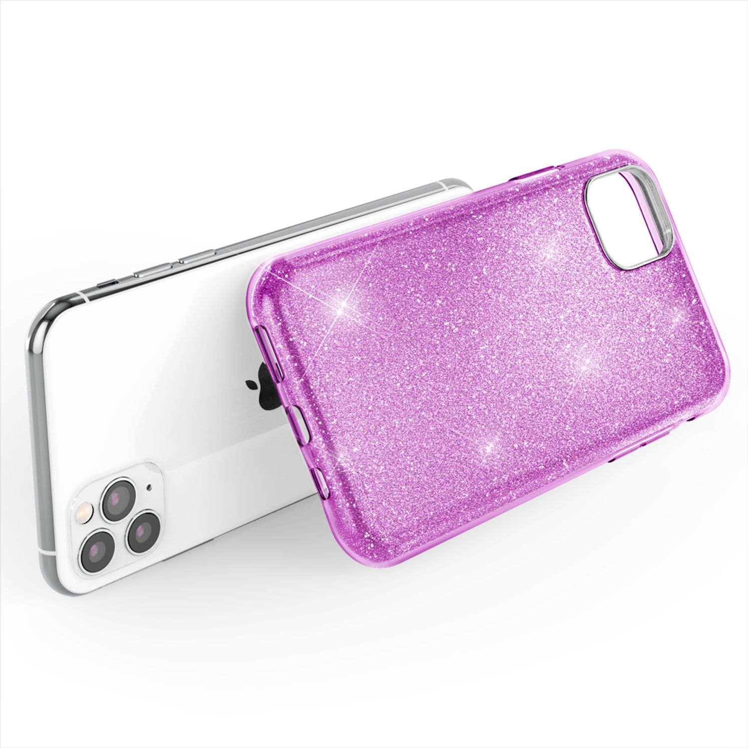 Dos teléfonos, uno con funda morada brillante y otro sin funda.
