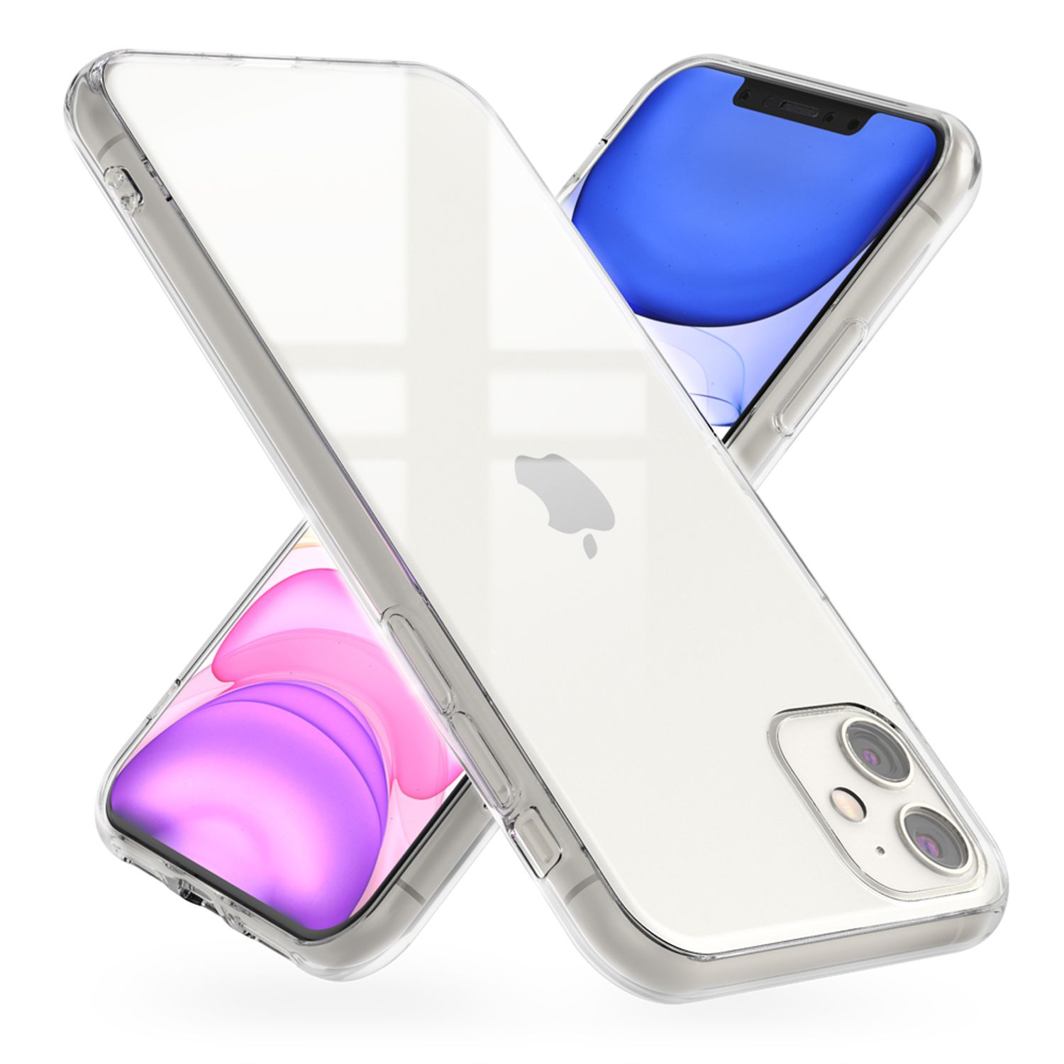 Zwei Telefone in transparenten Hüllen. Eines zeigt ein lila Design, das andere ein blaues Design.