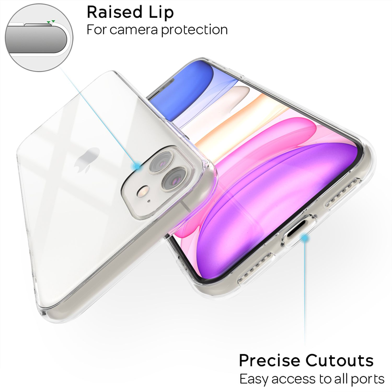 Transparente Handyhülle auf einem Telefon. Die Hülle hat einen erhöhten Rand zum Schutz der Kamera und Aussparungen für Anschlüsse.