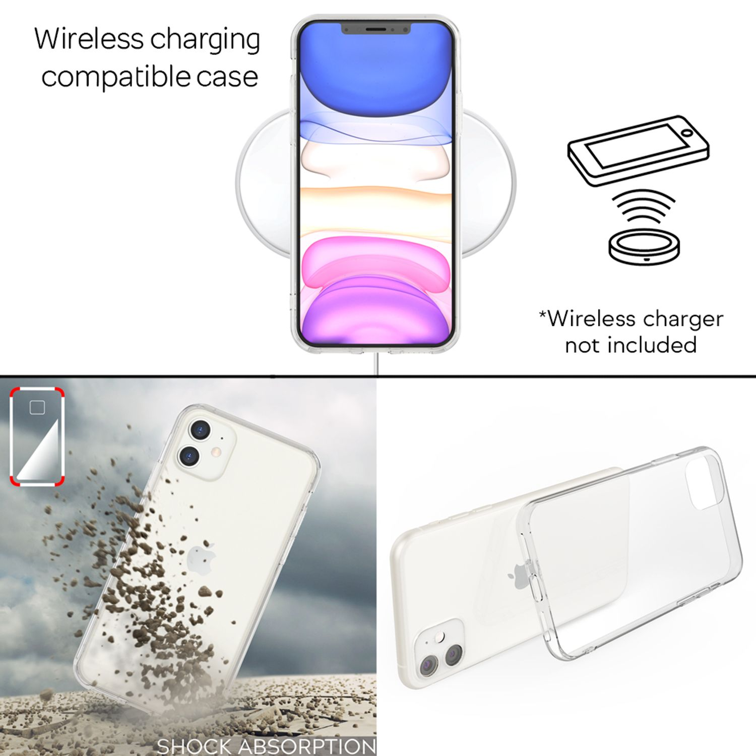 Kabelloses Laden kompatible Hülle und iPhone. Hülle auf kabellosem Ladegerät und nur Hülle.