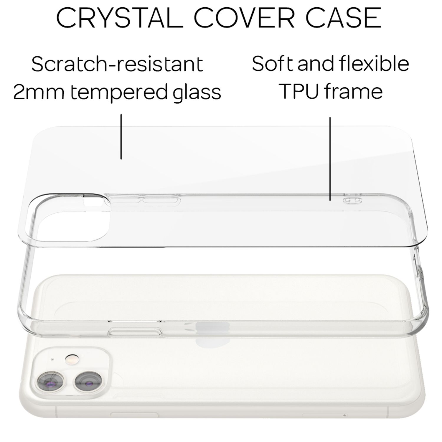 Transparente Handyhülle mit Telefon, zeigt Schichten: gehärtetes Glas und TPU-Rahmen.