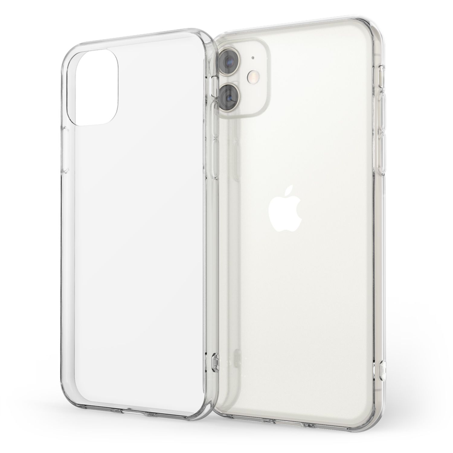Zwei transparente Handyhüllen, Vorder- und Rückseite zeigend, mit Apple-Logo.