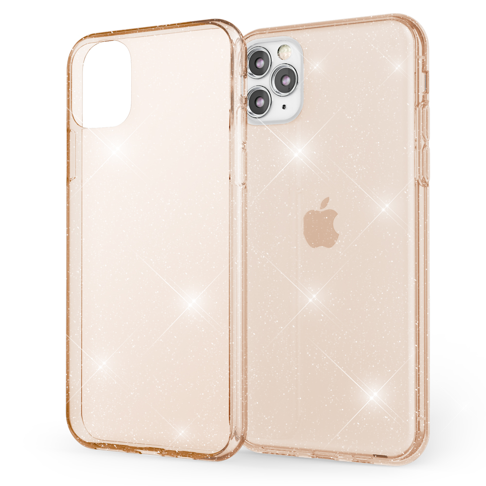 Funda de teléfono con purpurina. El teléfono está en la funda. La funda es transparente y brillante.