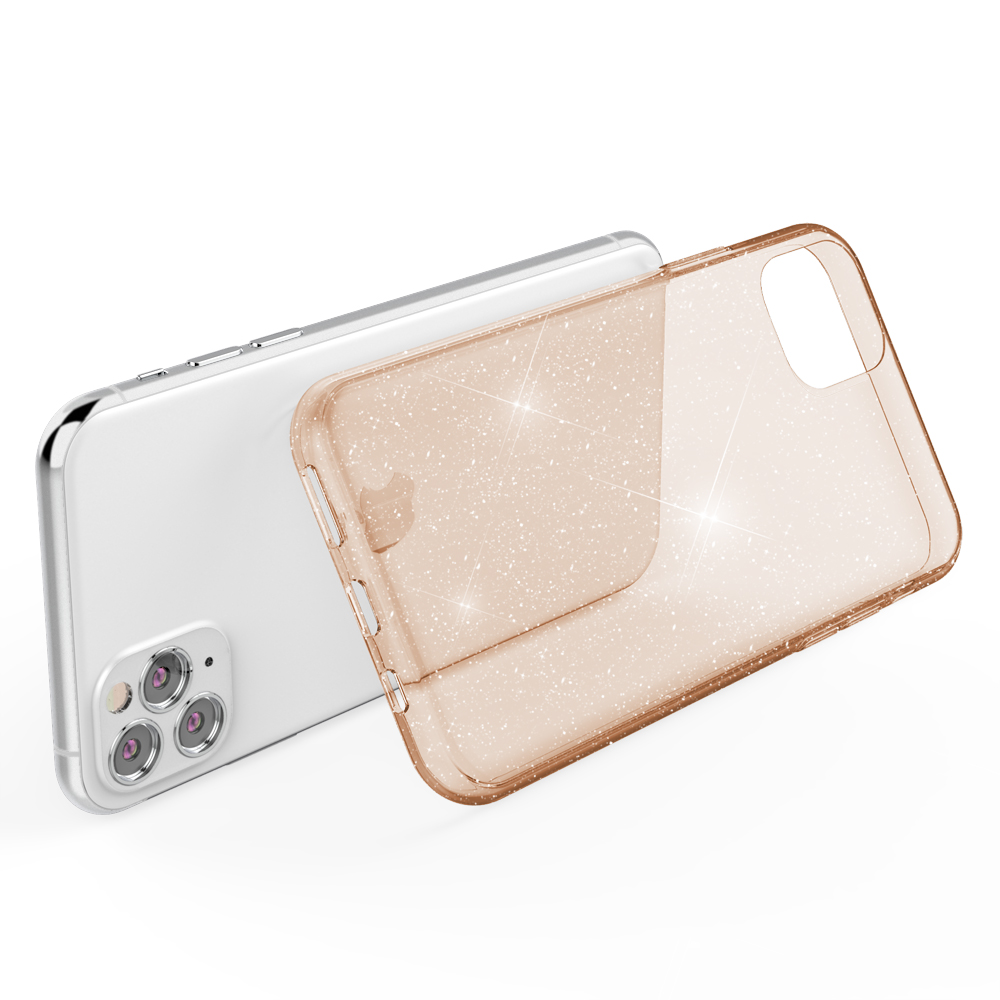 Una funda de teléfono transparente y brillante junto a un teléfono plateado. La funda tiene purpurina dorada.