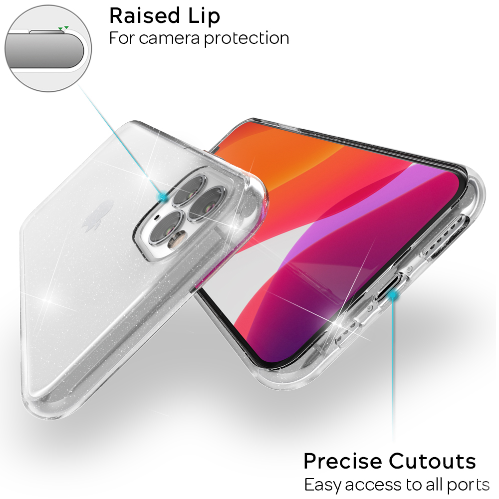 Funda transparente para teléfono con purpurina, en un teléfono con fondo de pantalla colorido. Texto: Cortes precisos.