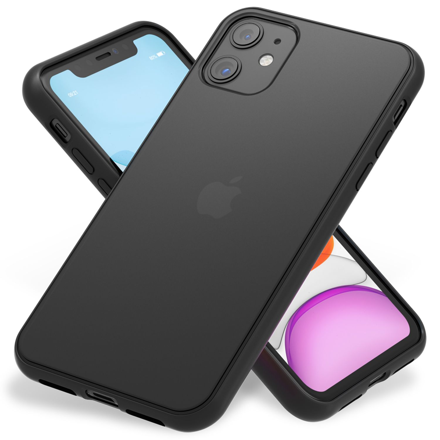 Schwarze Handyhülle mit Apple-Logo auf der Rückseite. Zwei Telefone. Weißer Hintergrund.