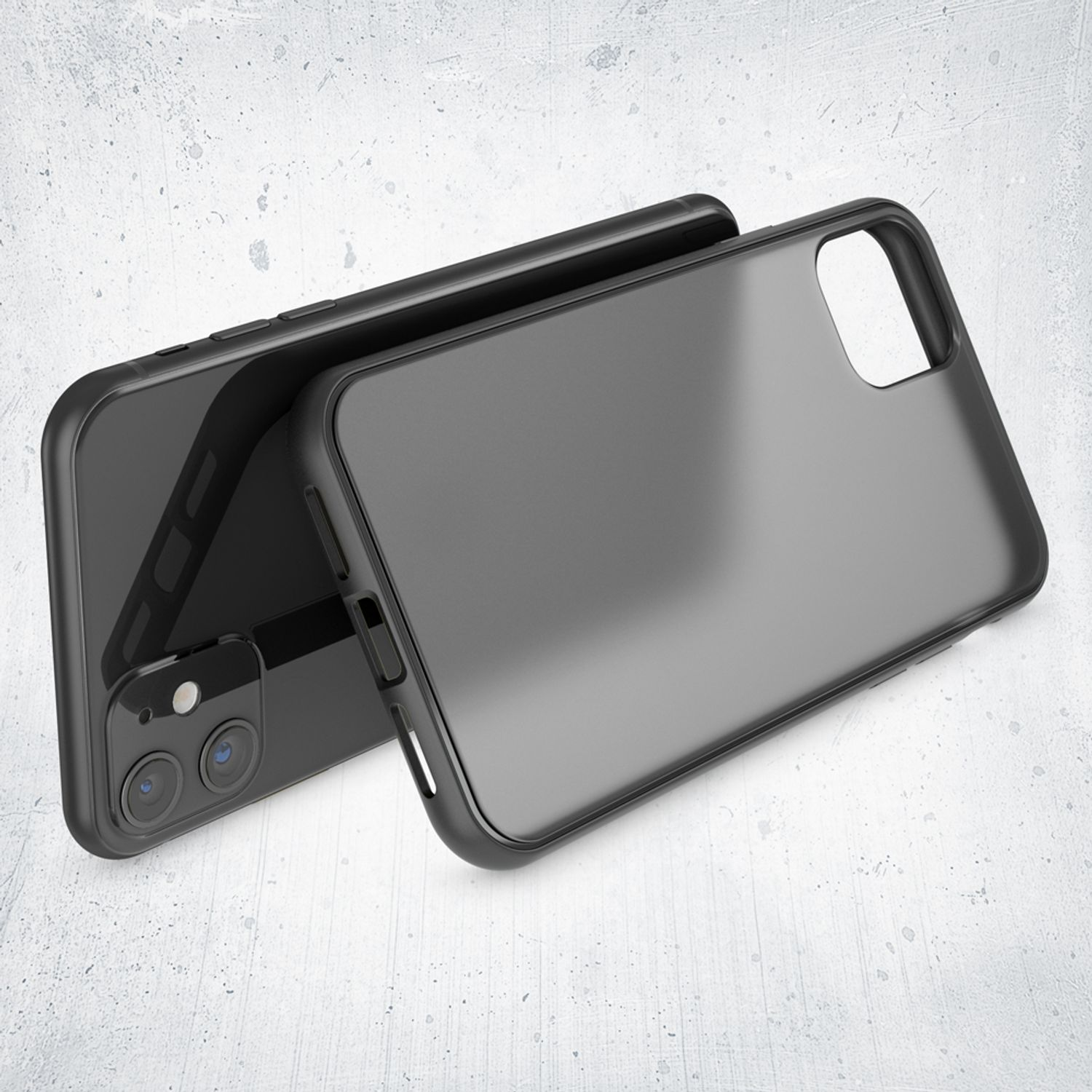 Schwarzes Telefon mit schwarzer Handyhülle, auf strukturierter Oberfläche liegend.