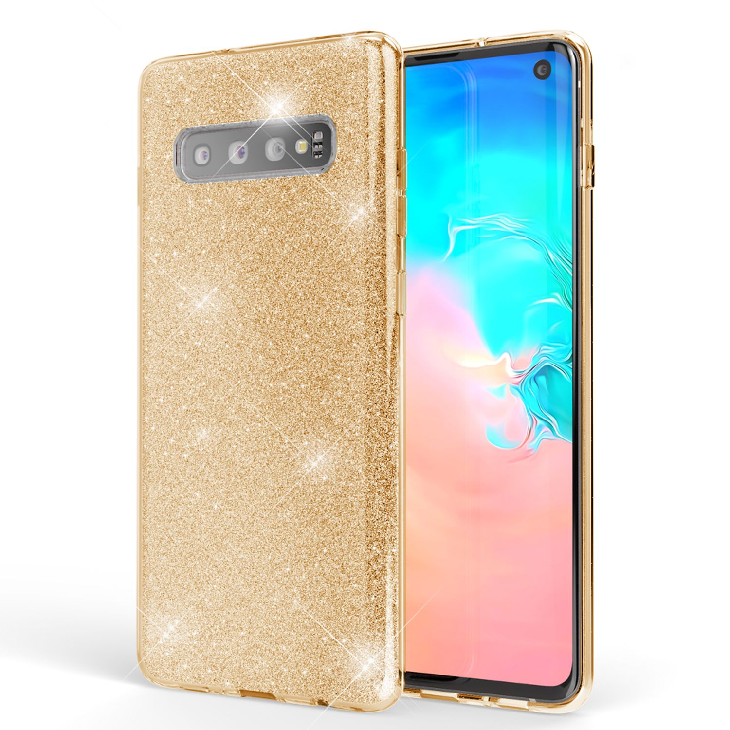 Goldglitzer-Handyhülle neben einem Telefon mit blauem und türkisfarbenem Bildschirm.