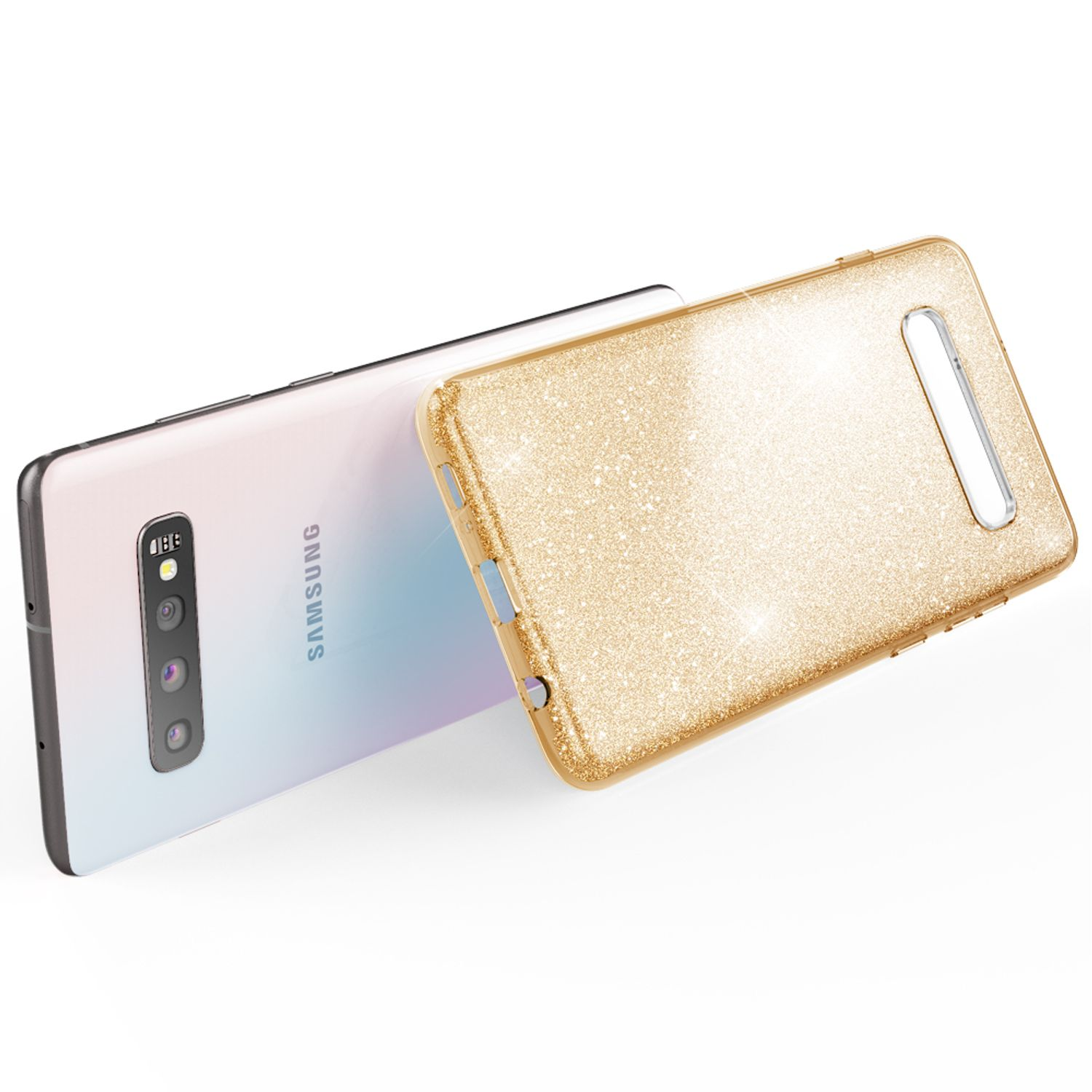 Goldfarbene Glitzer-Handyhülle und ein weißes Telefon mit Kamera auf der Rückseite.