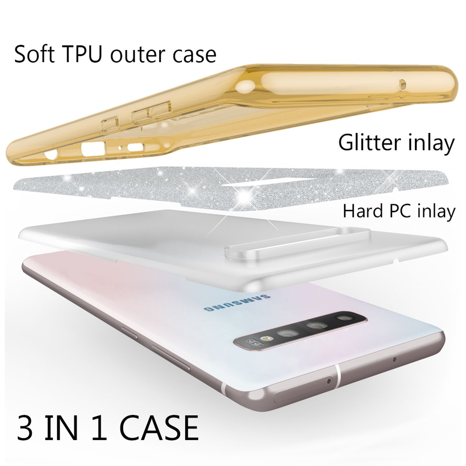 Handyhüllen-Schichten: weich außen, Glitzer-Inlay, hartes PC-Inlay. Telefon ist unten sichtbar.