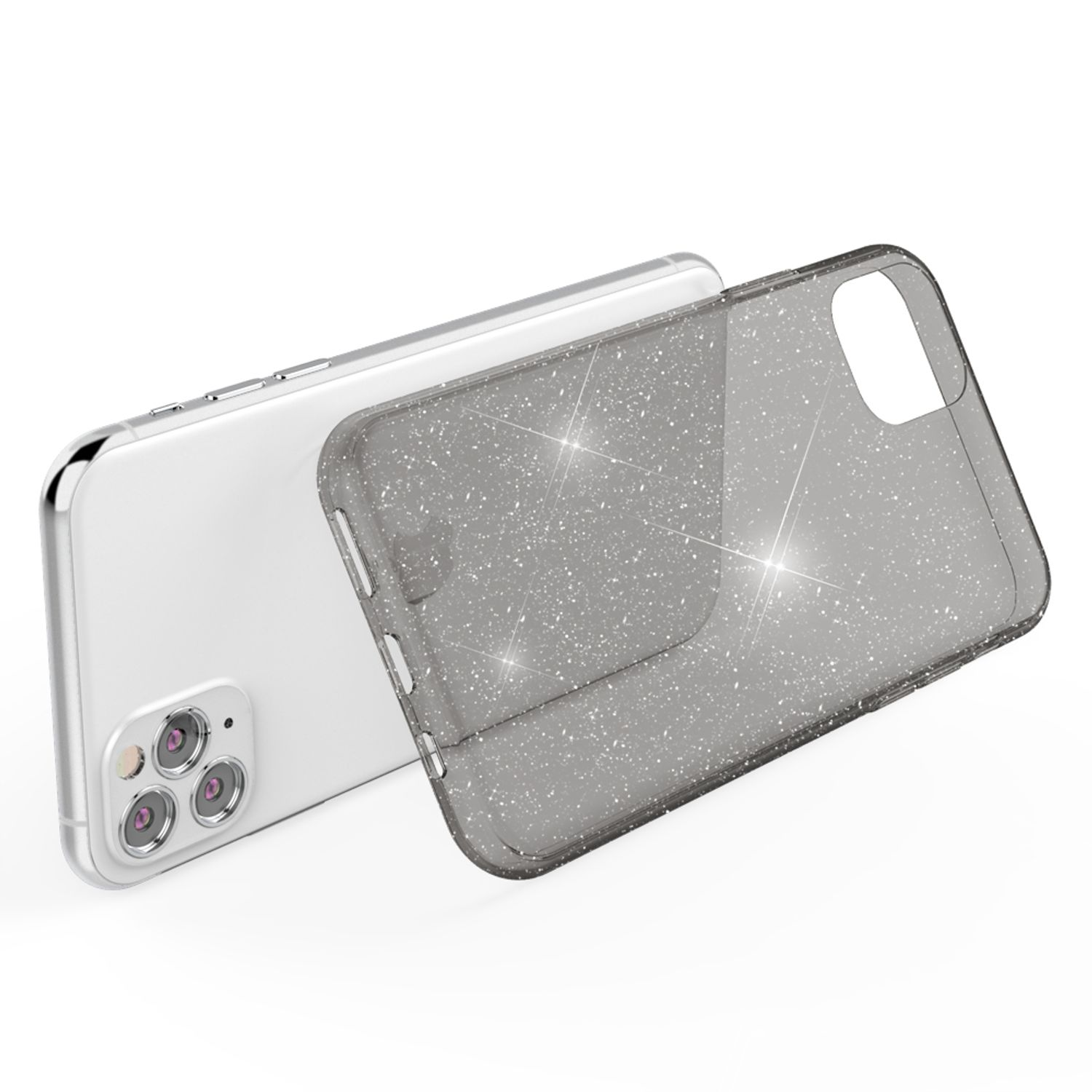 Ein Smartphone mit einer durchsichtigen, glitzernden Handyhülle. Das Telefon ist silber, die Hülle ist abgenommen.