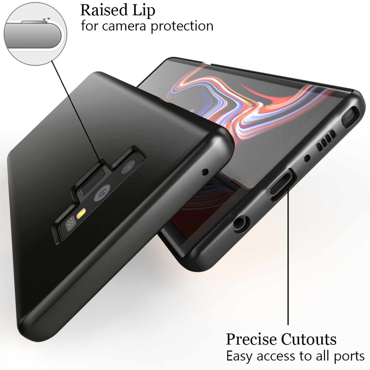 Custodia per telefono nera con telefono all'interno. Ritagli precisi, bordo rialzato per la protezione della fotocamera e accesso alle porte.