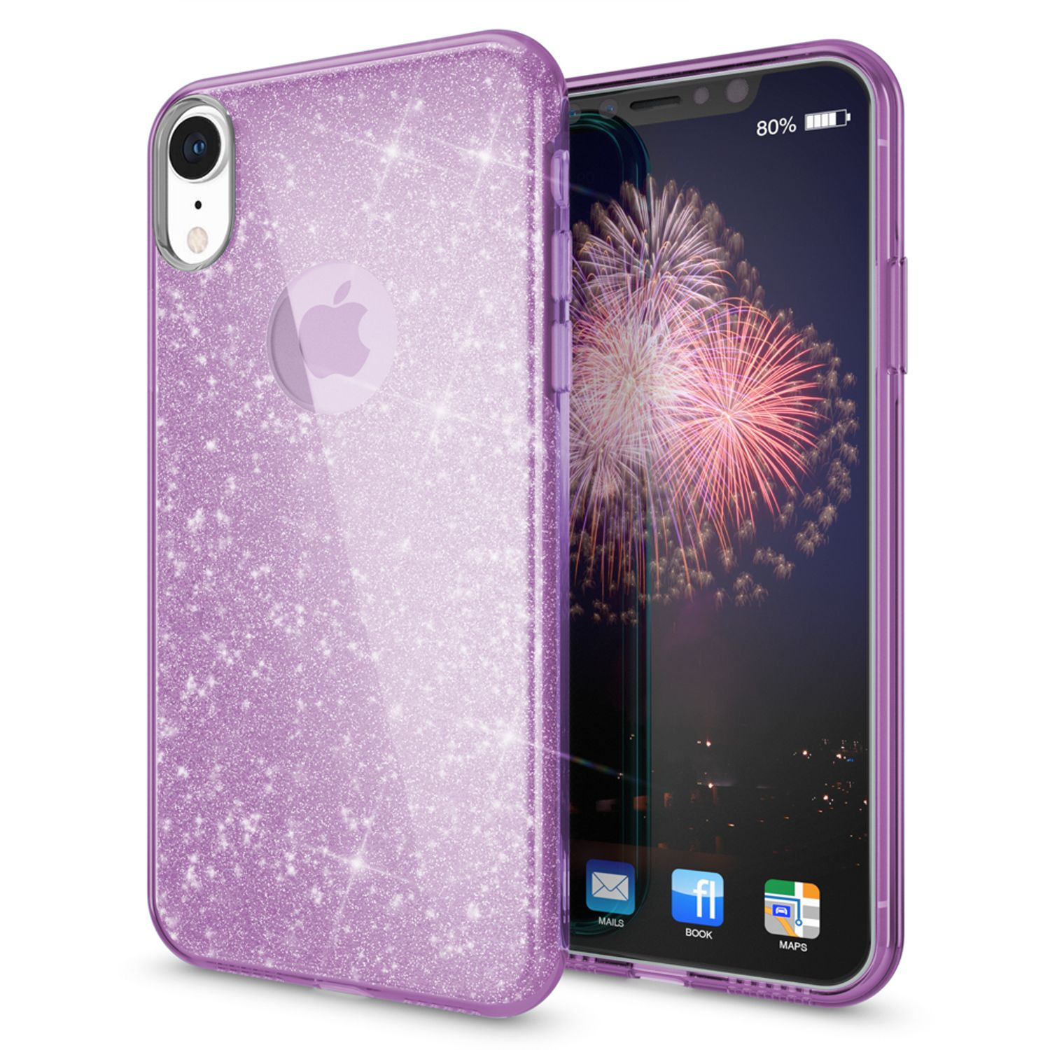 Lila Glitzer-Handyhülle, ein Telefon mit Feuerwerk-Hintergrundbild und App-Symbolen auf dem Bildschirm.
