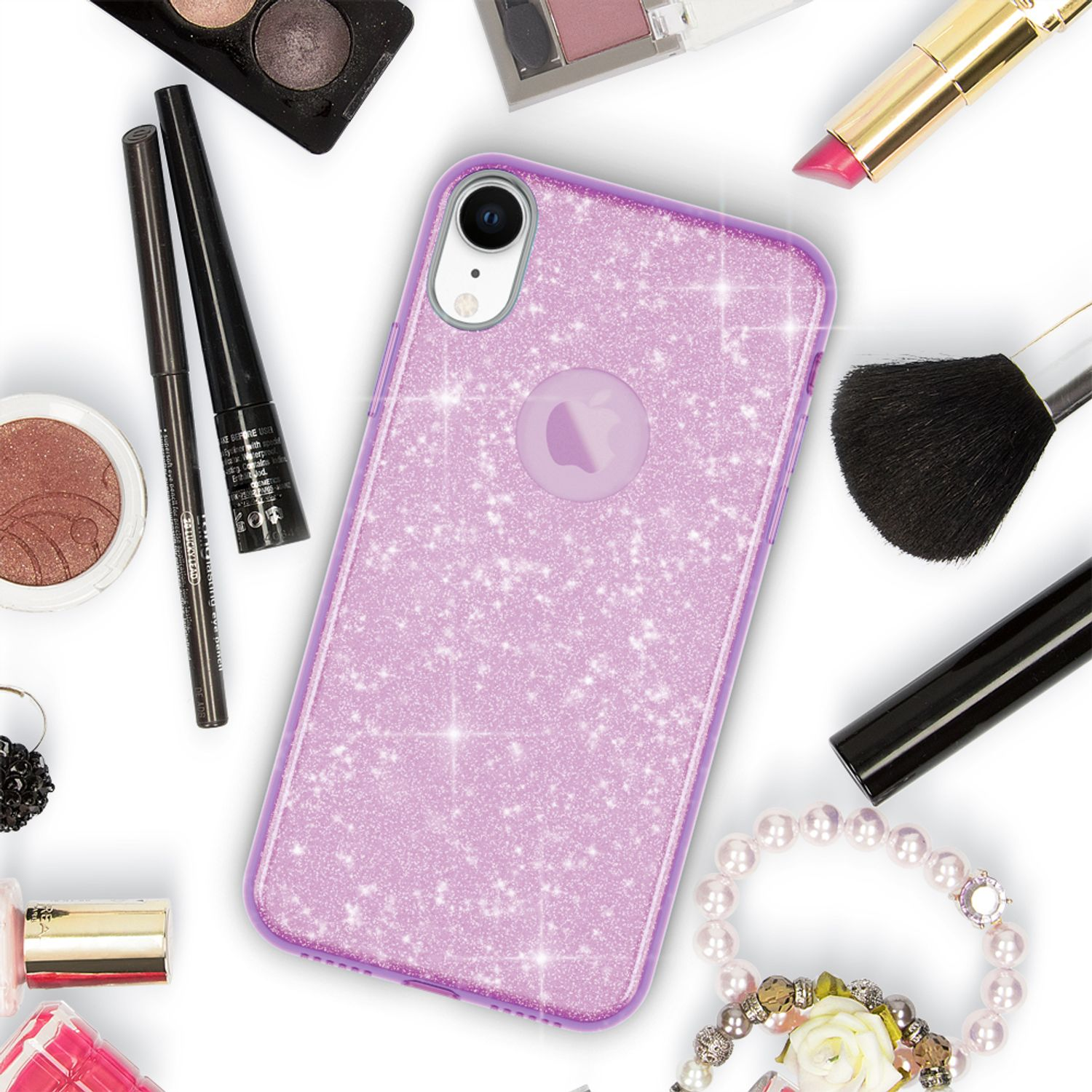 Rosa Glitzer-Handyhülle mit Schminkutensilien: Eyeliner, Pinsel, Lippenstifte und Perlen.