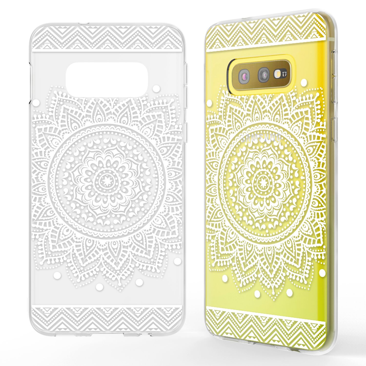 Zwei Handyhüllen mit Mandala-Design. Eine klar, eine gelb mit weißem Muster. Weißer Hintergrund.