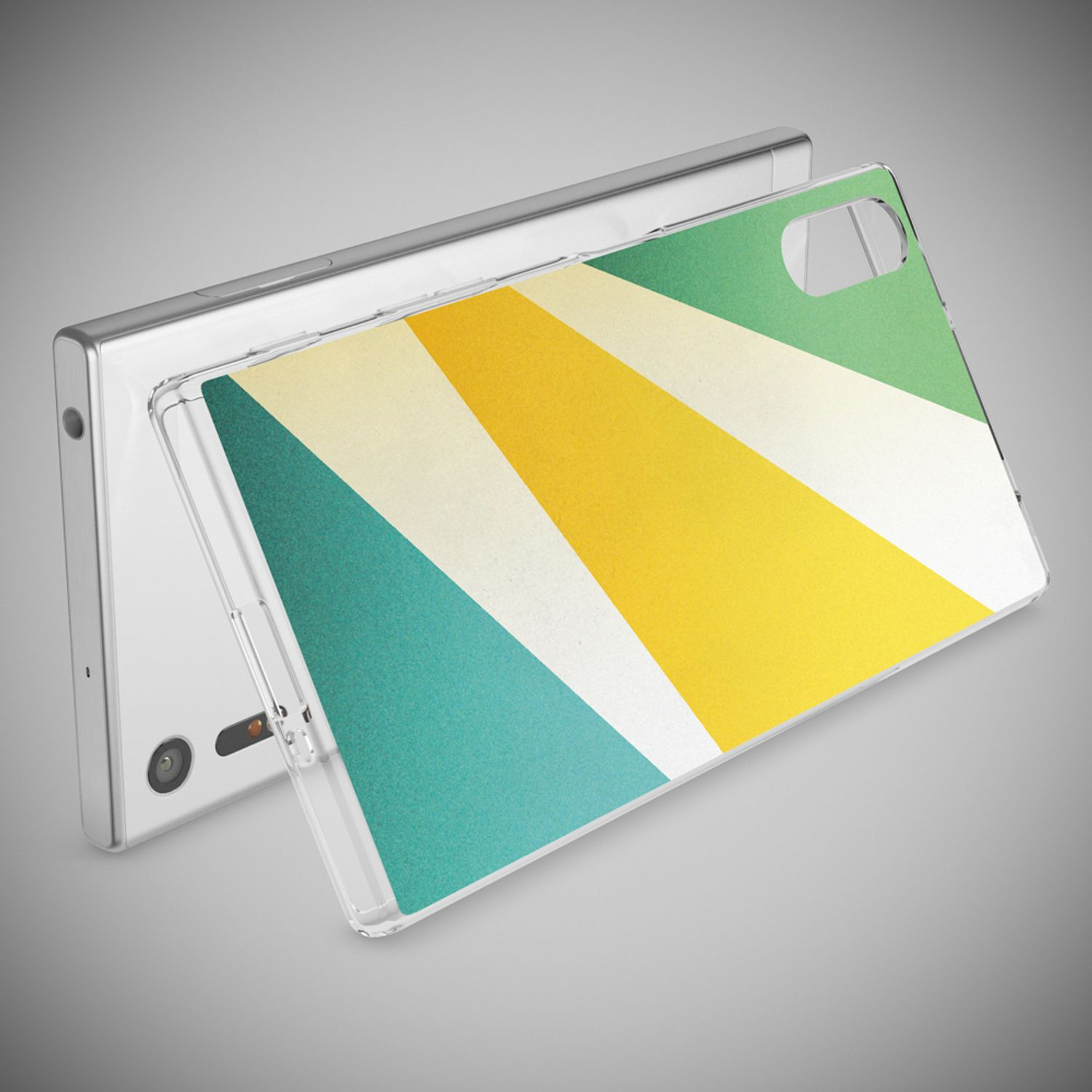 Ein Telefon in einer transparenten Hülle mit farbenfrohem Design. Die Hülle hat grüne, gelbe und weiße diagonale Streifen.