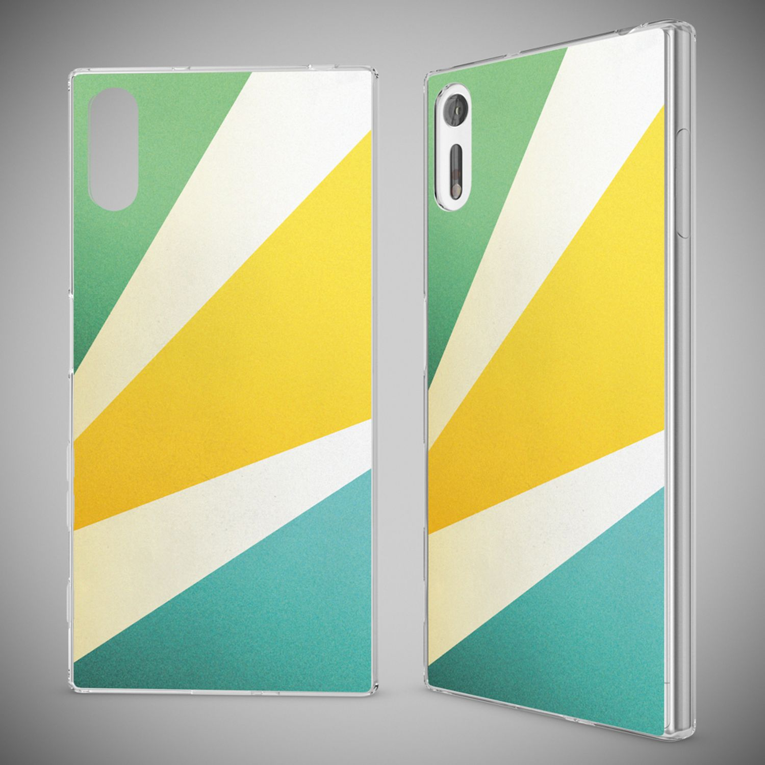 Zwei Handyhüllen mit einem bunten Streifendesign werden gezeigt, eine auf der Vorder- und eine auf der Seite.