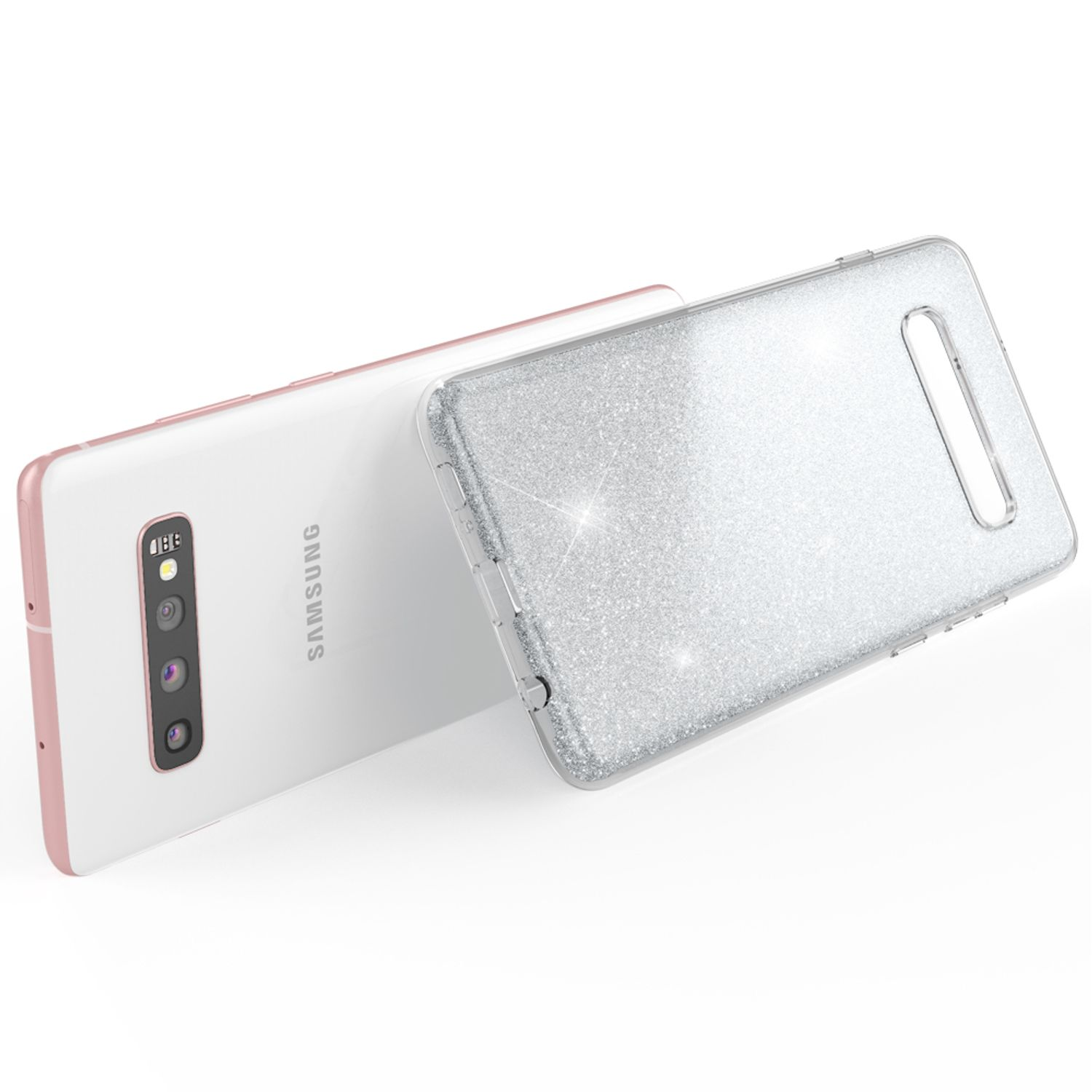 Smartphone bianco e rosa in una custodia glitterata, con una custodia accanto.