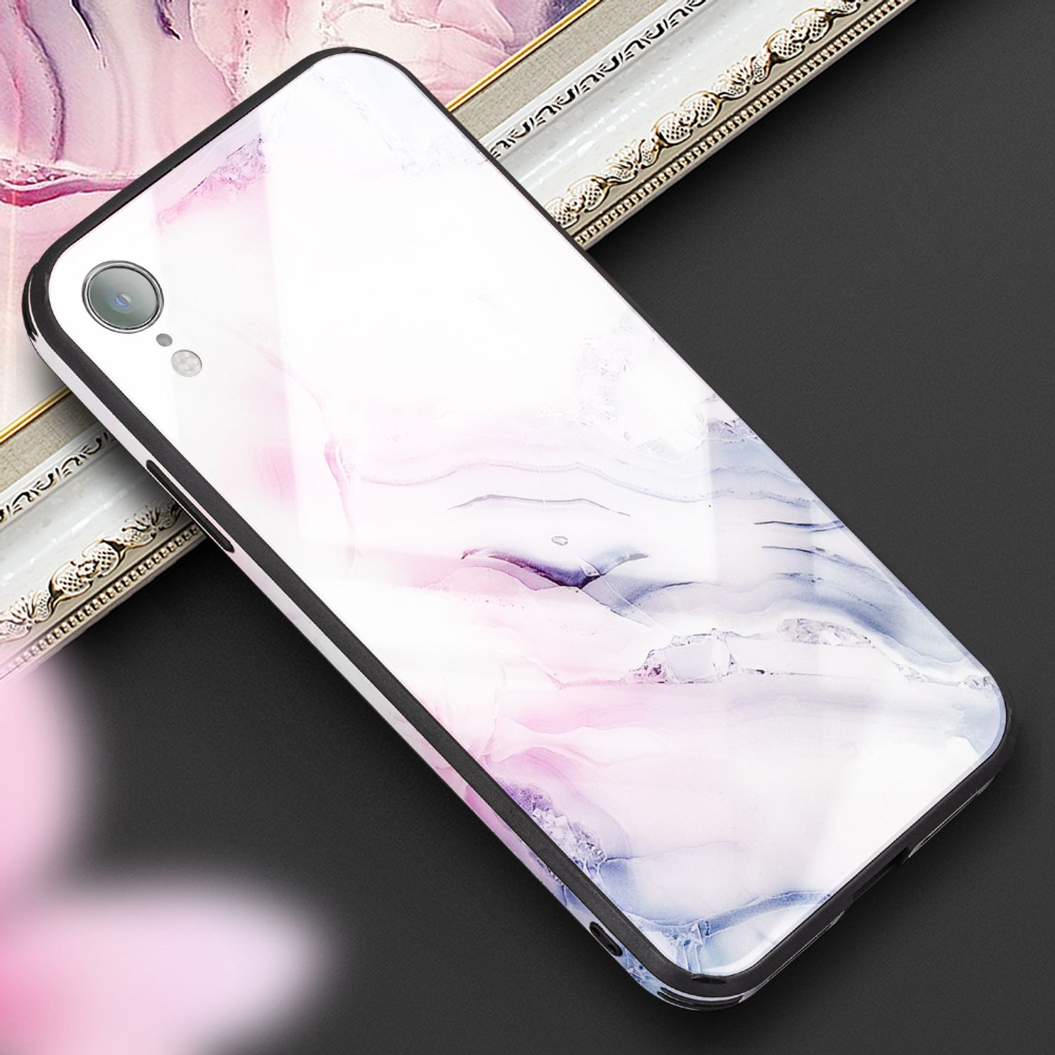 NALIA Marmor-Look Hartglas Hülle, Backcover, Apple, iPhone XR, Pink