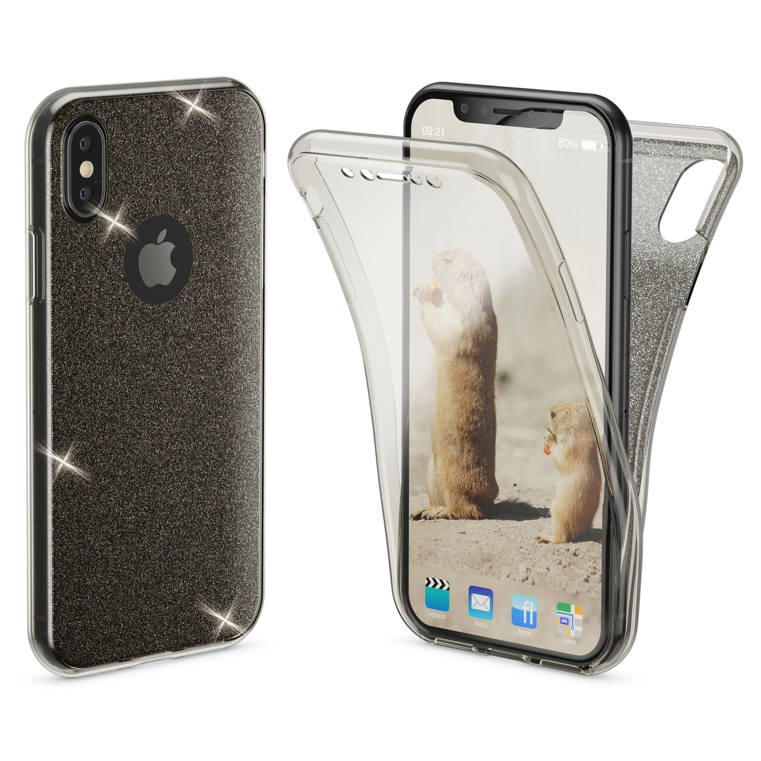 Glitzer Grad Backcover, Apple, NALIA Hülle, 360 Silikon Schwarz iPhone iPhone XS, X