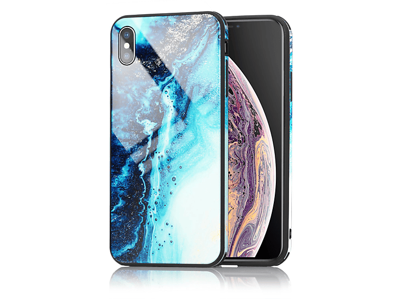 NALIA Marmor-Look Hülle, Apple, Backcover, Hartglas Max, iPhone XS Blau