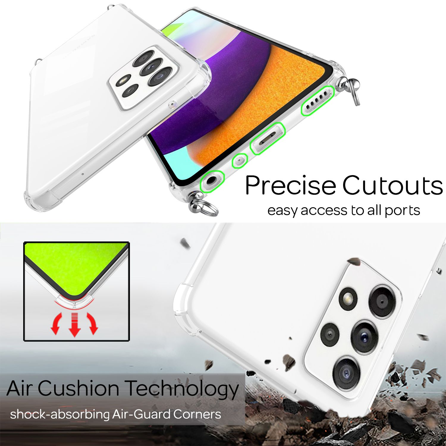 Custodia trasparente con telefono. Testo: Ritagli precisi, Air Cushion Technology.
