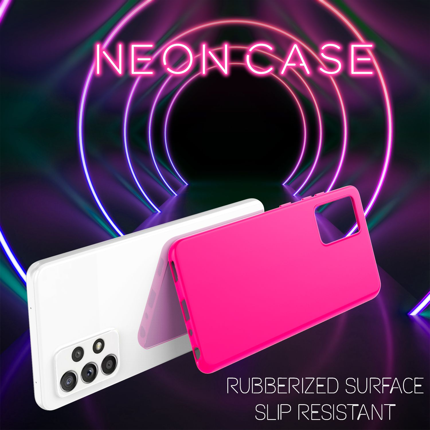 Custodia rosa per telefono su un telefono bianco con sfondo al neon. Il testo dice 'NEON CASE'.