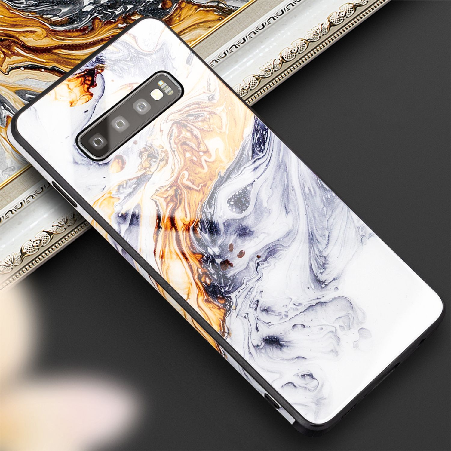 NALIA Marmor-Look Hartglas Hülle, Backcover, Samsung, Galaxy Grau S10