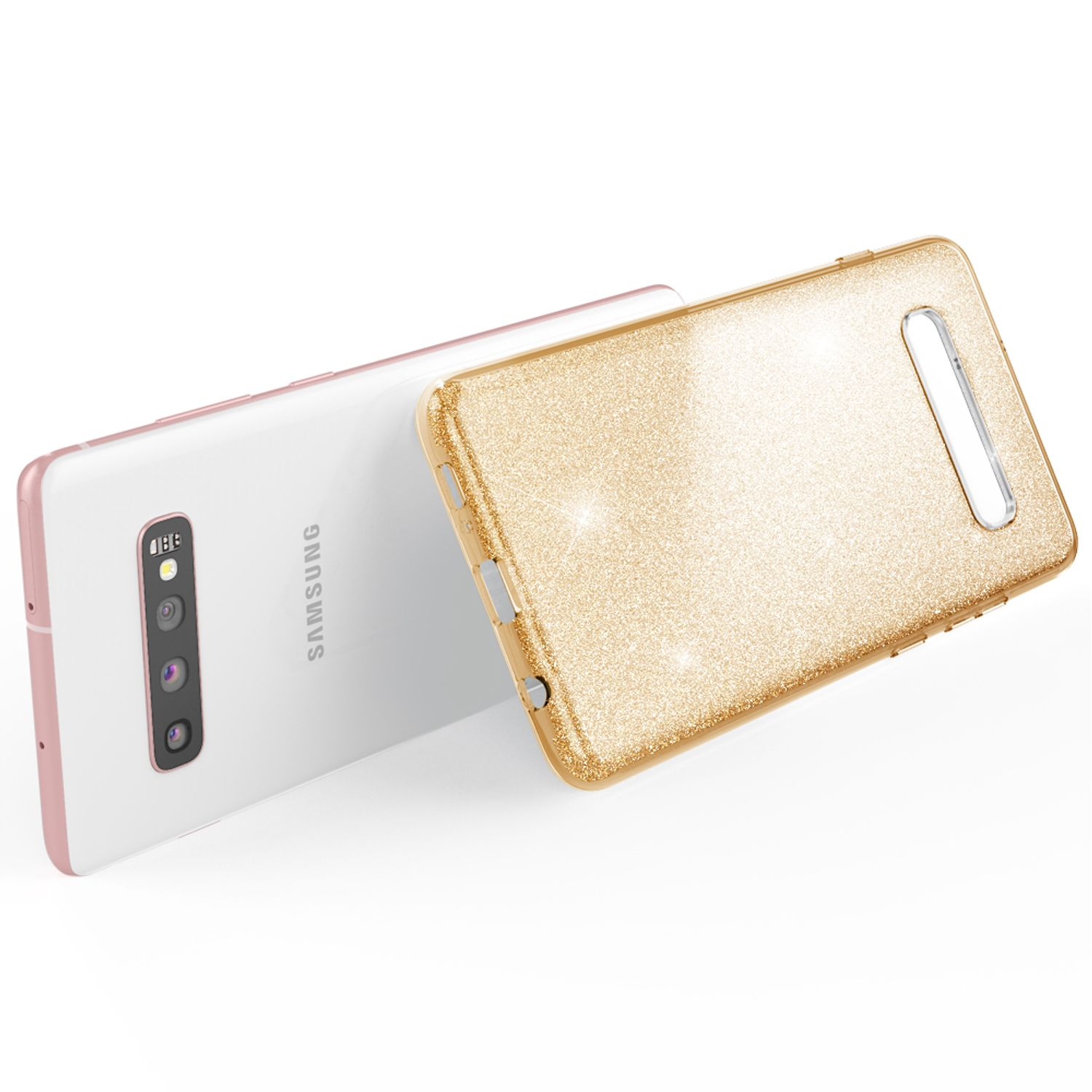 Una custodia per telefono con un design glitterato dorato. Il telefono è bianco e rosa. La custodia è oro glitterato.