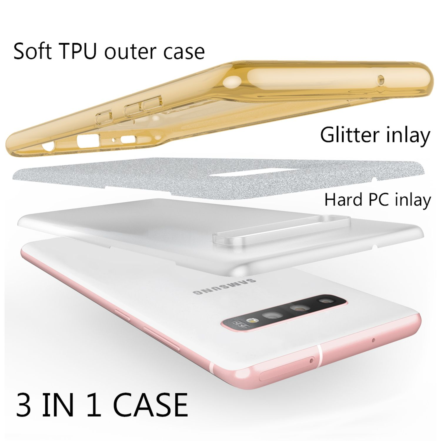 Strati della custodia del telefono: custodia esterna in TPU morbido, intarsio glitterato e intarsio in PC rigido.