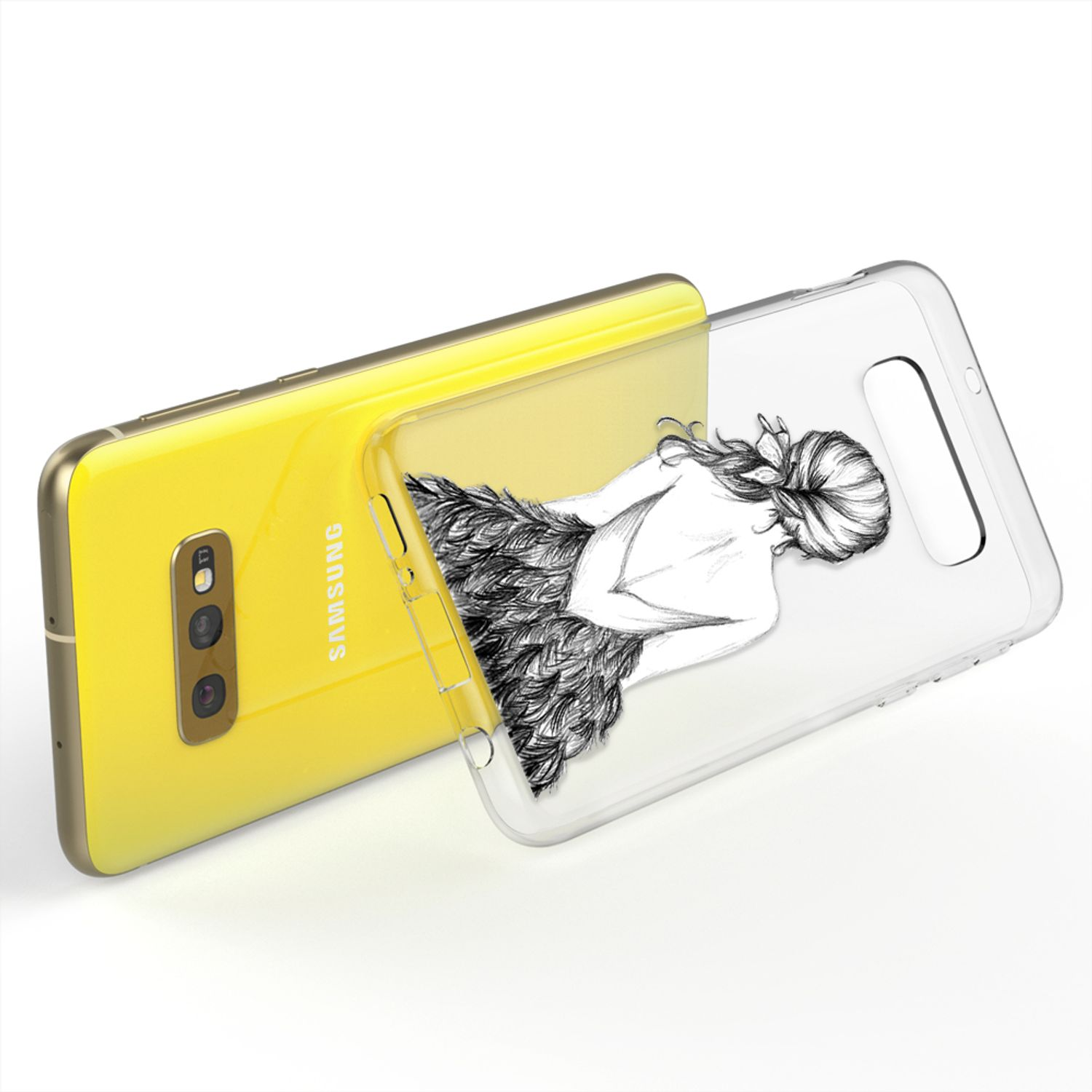 Gelbes Telefon mit transparenter Hülle mit Frauenzeichnung. Weißer Hintergrund.