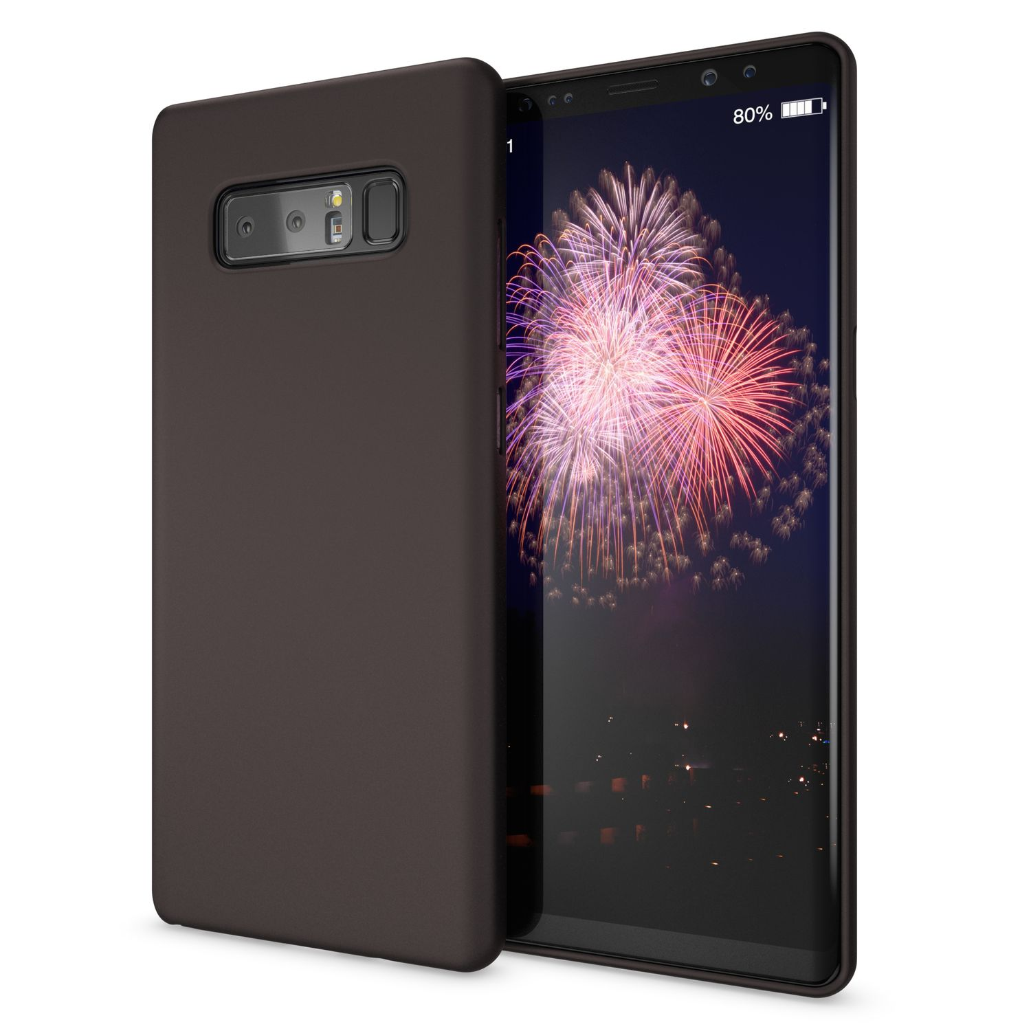 Braune Handyhülle, die ein Telefon mit Feuerwerk-Hintergrund bedeckt.