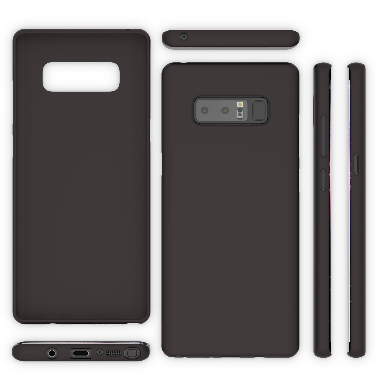 Schwarze Handyhülle mit Aussparungen für ein Samsung Galaxy-Telefon. Es werden mehrere Ansichten der Hülle gezeigt.