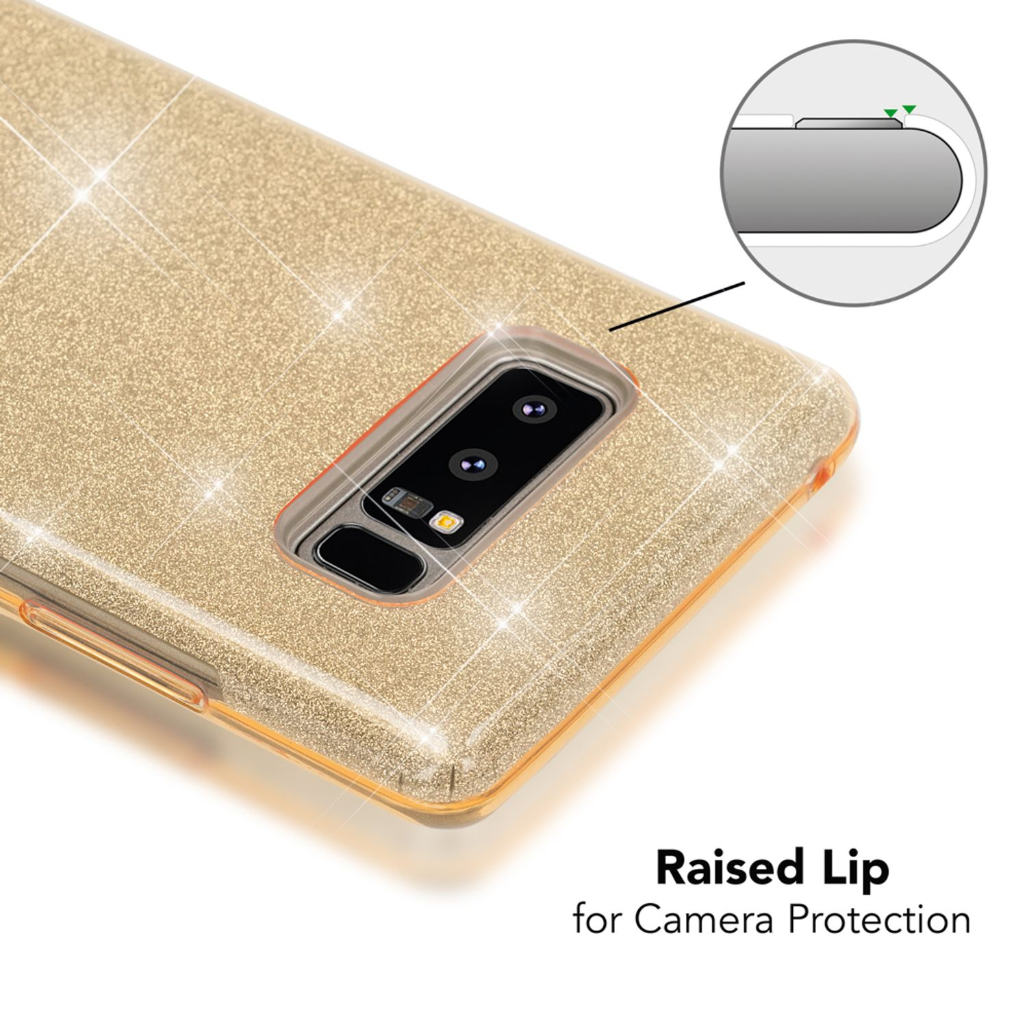 Nahaufnahme einer goldenen Handyhülle mit Glitzer. Kamera hat erhöhte Lippe. Weißer Hintergrund.