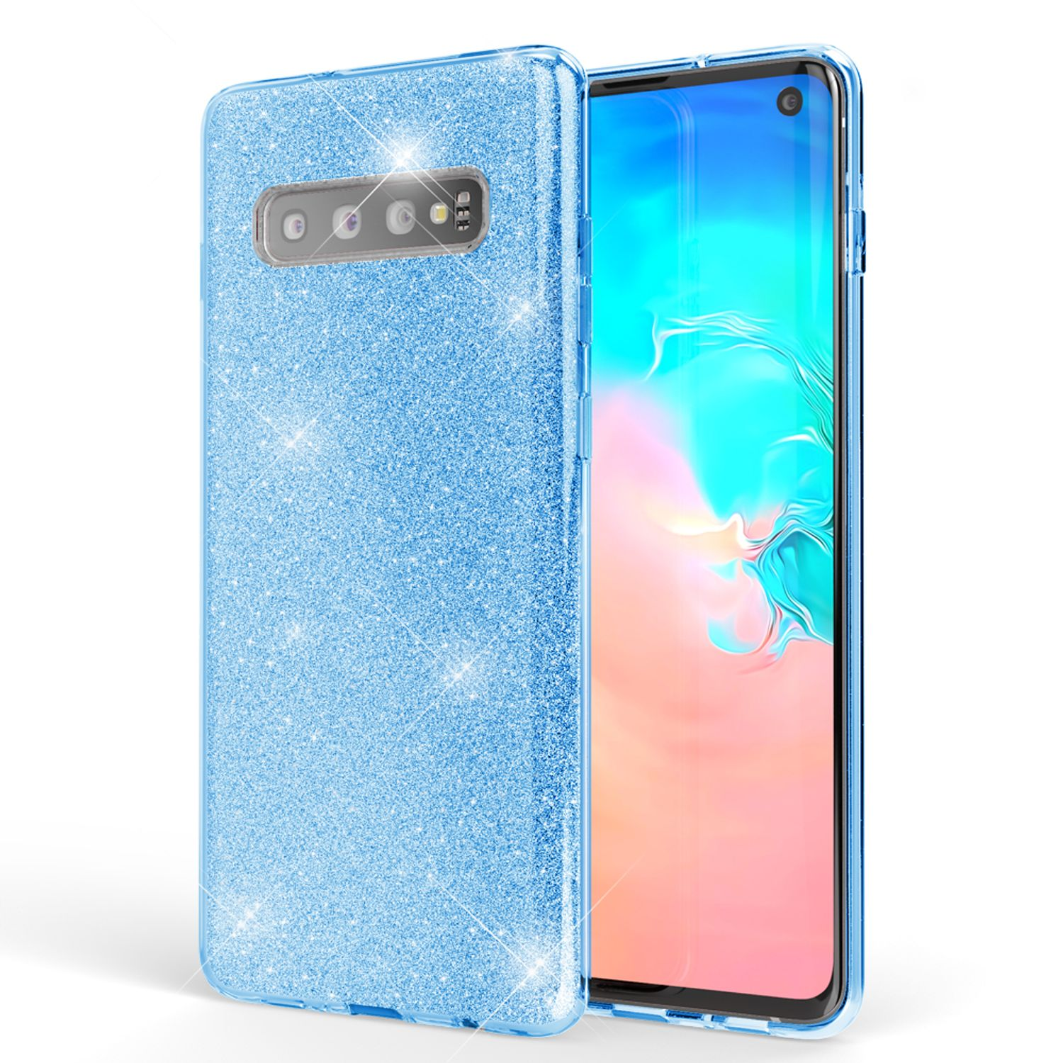 Eine blaue glitzernde Handyhülle mit einem Handy darin. Der Bildschirm des Handys ist an.