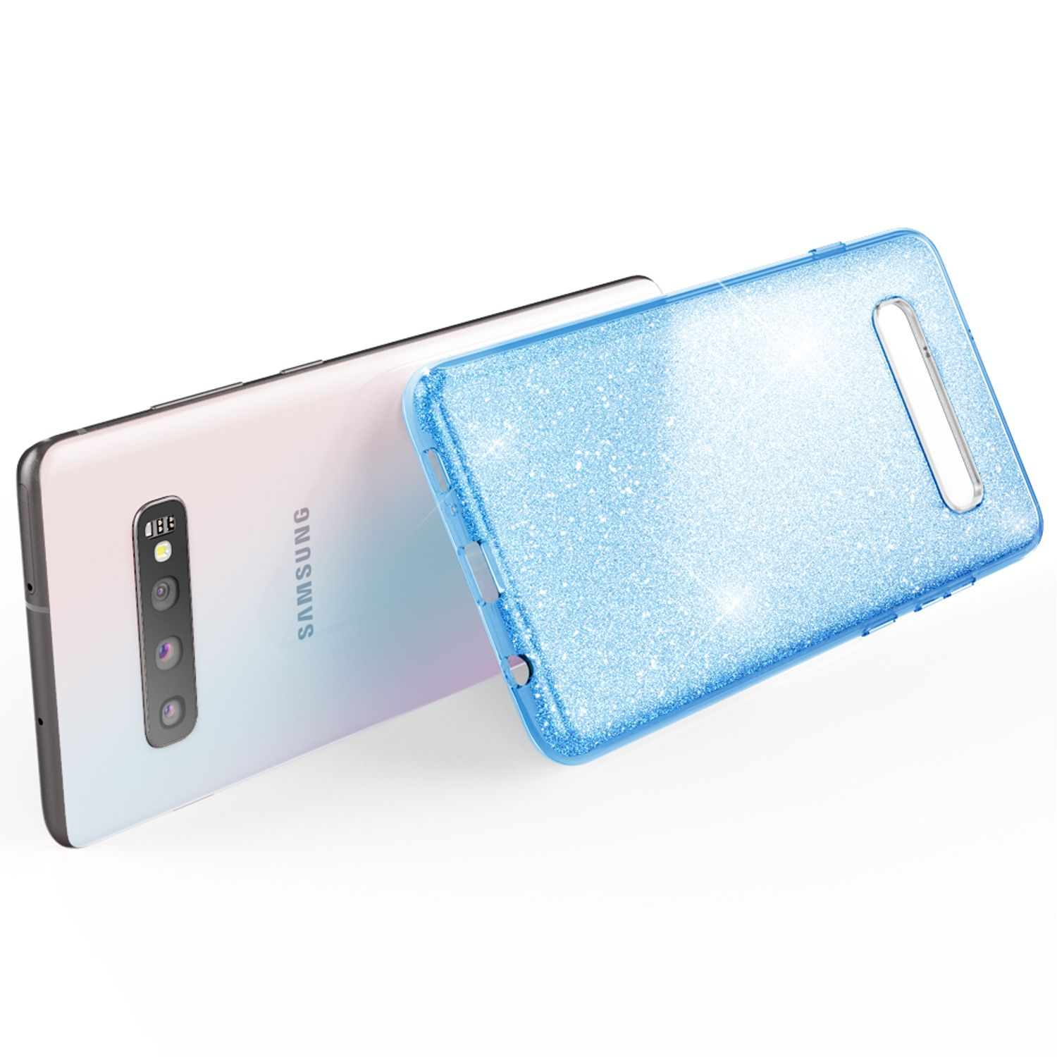 Ein weißes Telefon mit einer blauen Glitzerhülle. Die Hülle ist am Telefon befestigt.