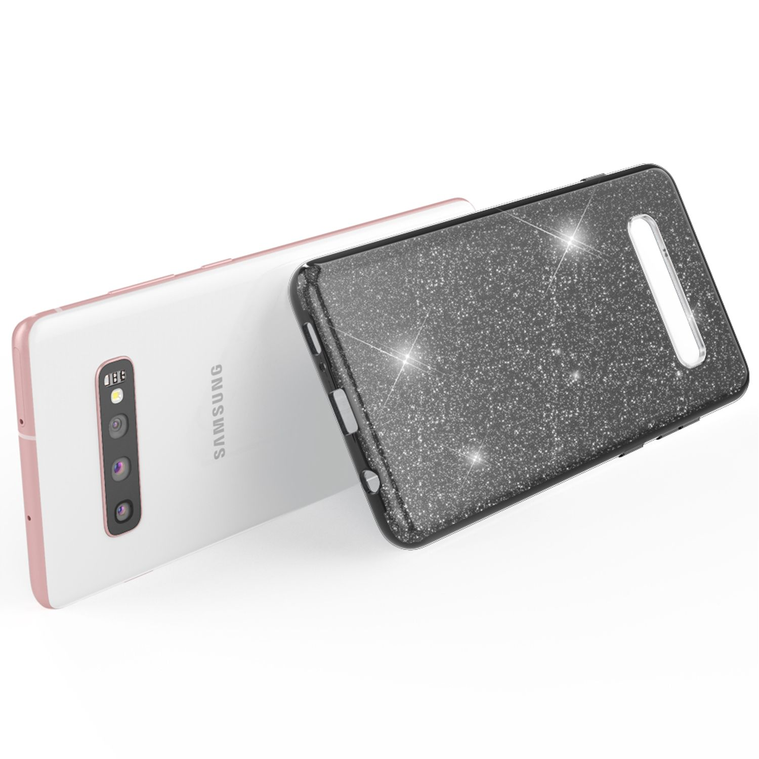 Un telefono bianco con cornice rosa e un telefono nero con una cover scintillante.