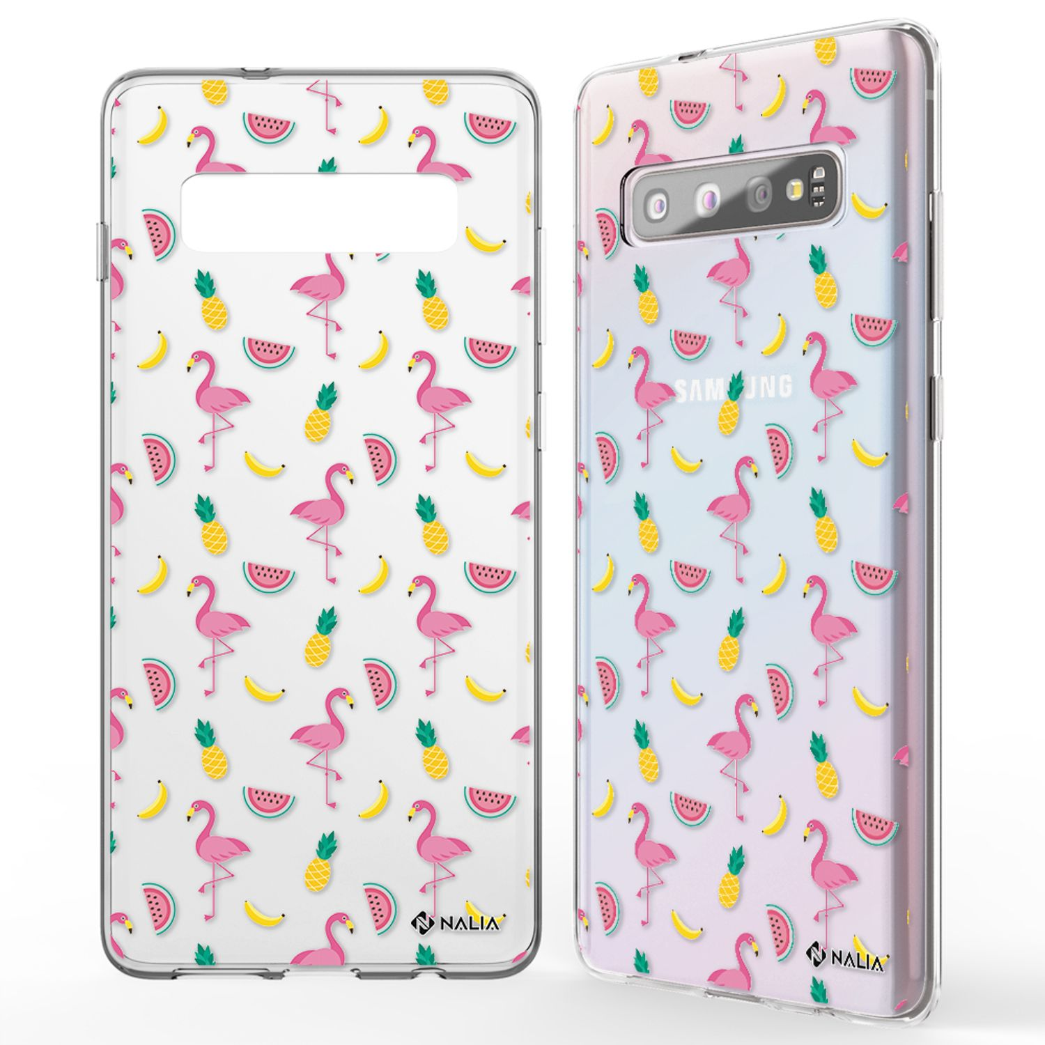 Eine Handyhülle mit Flamingo-, Bananen- und Wassermelonenzeichnungen. Ein Telefon ist in der Hülle.
