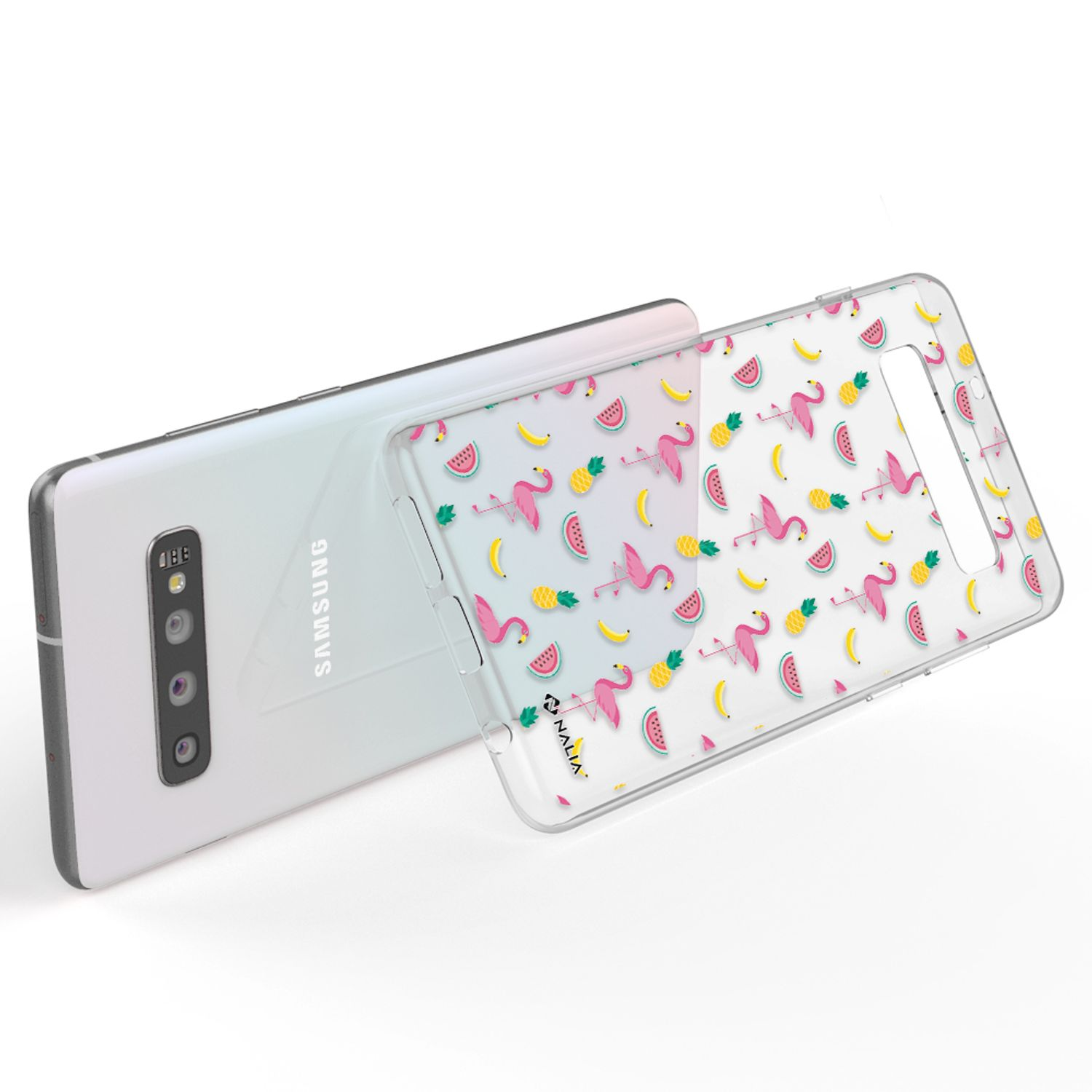 Ein Samsung-Telefon mit einer transparenten Hülle, die mit Flamingo-, Ananas- und Wassermelonen-Prints bedeckt ist.