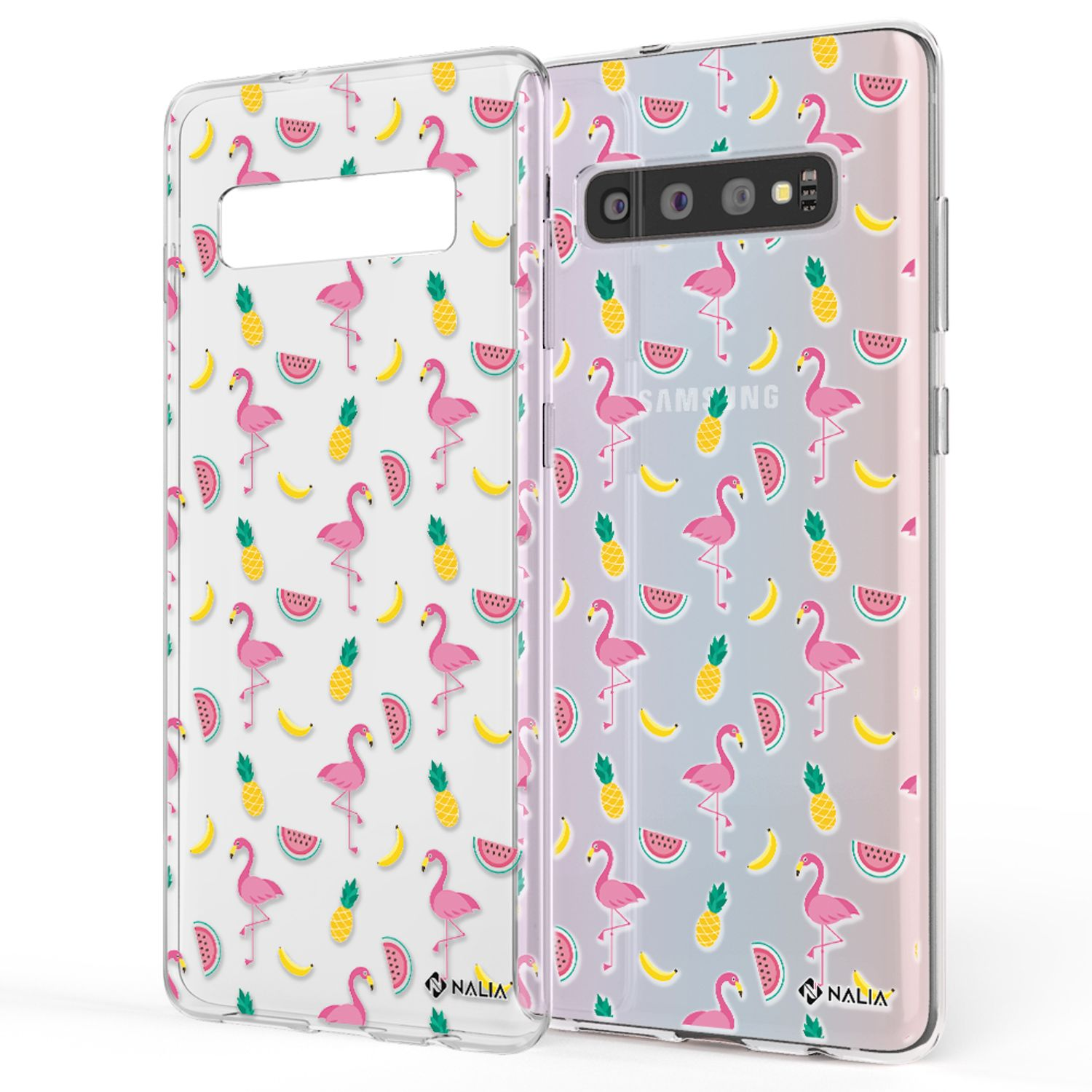 Telefon in einer Hülle mit Flamingo-, Ananas- und Wassermelonenmuster. Weißer Hintergrund.