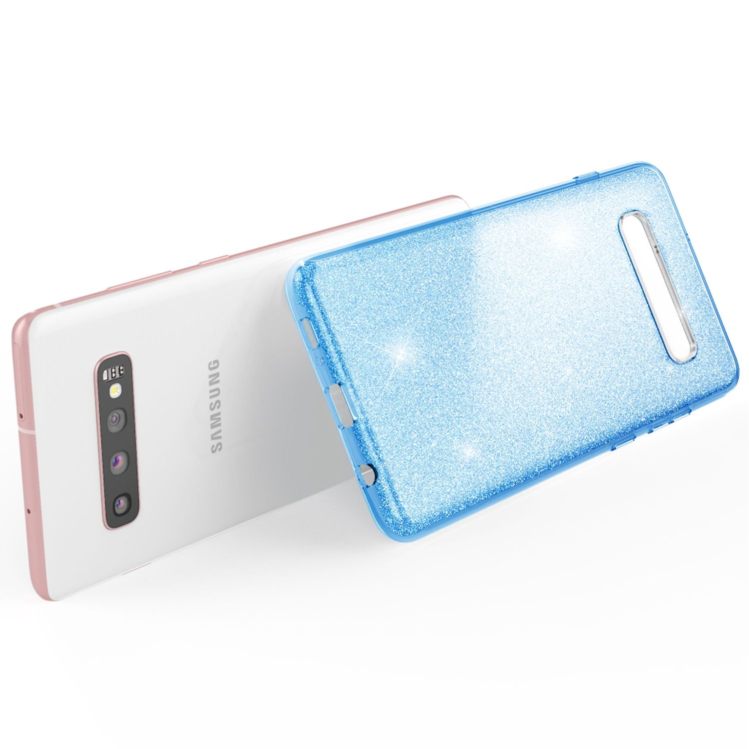 Due telefoni, uno bianco e uno blu glitterato. Quello blu ha una custodia. Quello bianco è dietro.