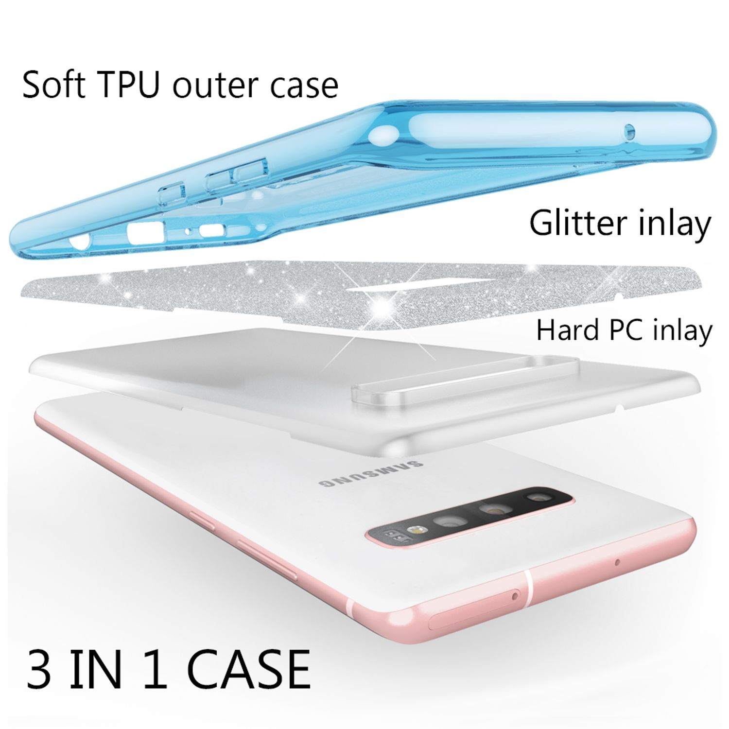 Diagramma di un telefono con custodia morbida blu, intarsio glitterato e intarsio PC rigido.