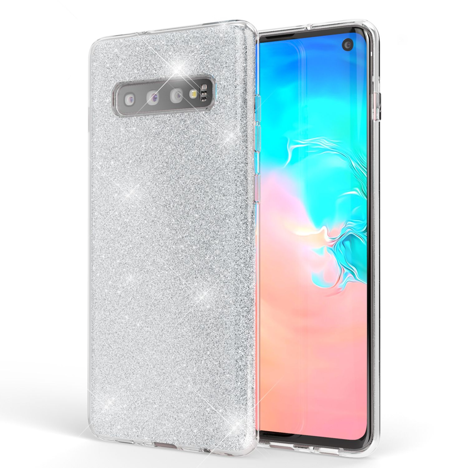 Glitzernde silberne Handyhülle. Das Telefon in der Hülle hat einen eingeschalteten Bildschirm.