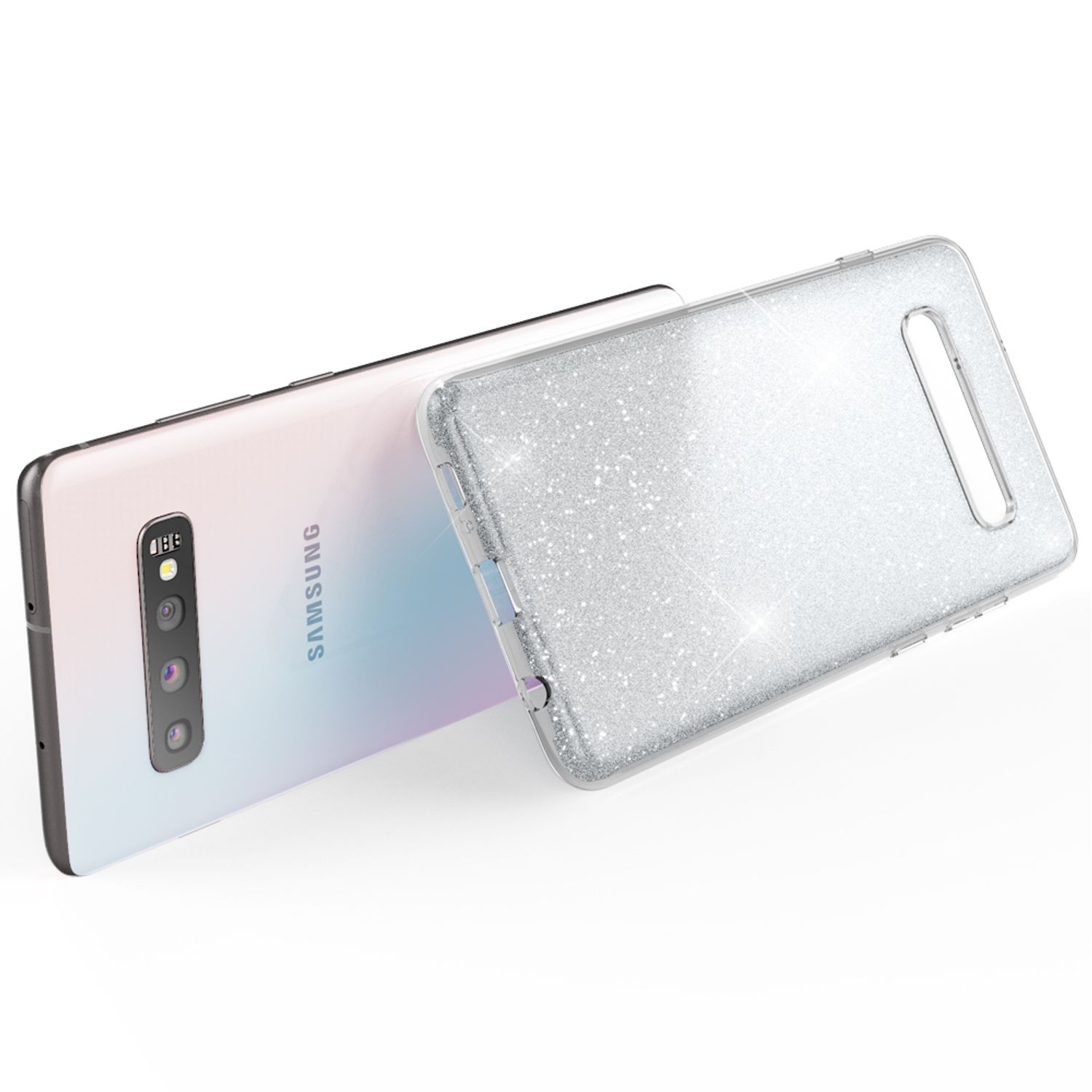 Ein Telefon in einer silbernen Glitzerhülle. Die Rückseite des Telefons ist sichtbar, ebenso ein Teil der Hülle.