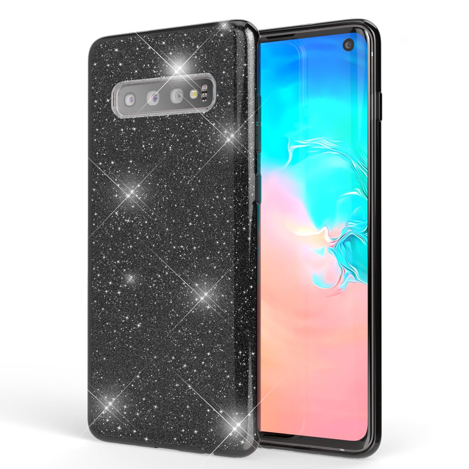 Schwarze Handyhülle mit Glitzer. Telefon ist sichtbar. Weißer Hintergrund.